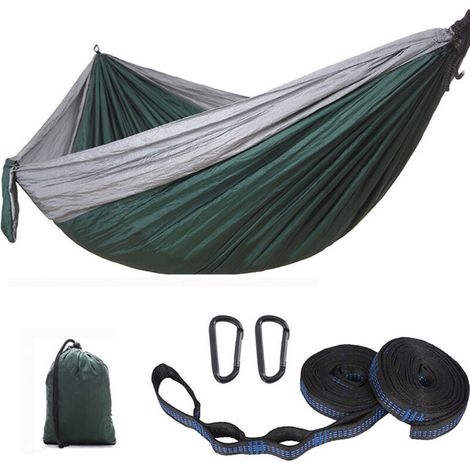 Hamac d'extérieur, hamac de voyage 300x200cm pour 2 personnes, hamac de camping en soie parachute 300kg avec 2 sangles en nylon + 2 boucles de randonnée en acier solide (Gris avec vert foncé) (1/5)