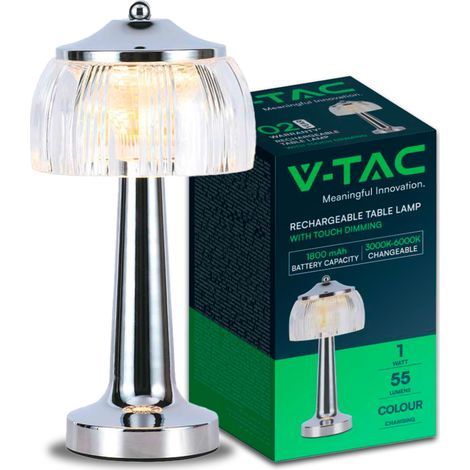 Lámpara de mesa LED recargable cromada V-TAC de 1 W, 13,5 x 26,5, táctil, CCT 3 en 1