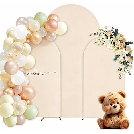 Lot de 3 toiles de fond pour arche de mariage, 1,8/1,5/1,2 m, dessus rond, double face, couverture de cadre pour fête d'anniversaire, cérémonie, banquet (beige) (1/5)