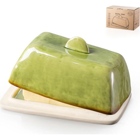 Beurrier en céramique avec couvercle et poignée pour plan de travail, garde-beurre européen 200 g, décoration de ferme (vert) (1/5)