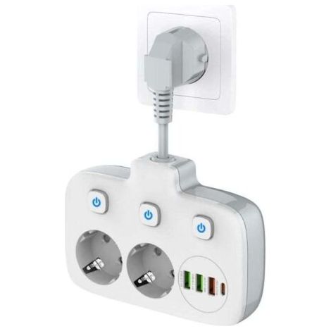 Multiprise à interrupteur unique 2 compartiments, multiprise avec 3 interrupteurs, double fiche murale avec 4 USB,adaptateur de prise avec protection contre les surtensions, sécurité enfant