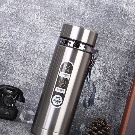 Gourde isotherme en acier inoxydable 1000ml, large ouverture, avec cordon pour voyage et bureau, argentée. (1/5)