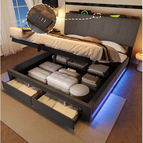 Letto contenitore 140x200 cm grigio in lino con LED, USB-C e cassetti (1/5)
