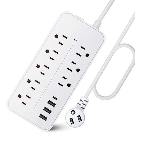 Multiprise parafoudre avec port USB-C, 8 prises, 3 ports USB, câble long et protection contre les surcharges. (1/5)