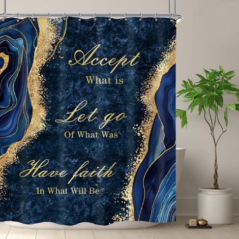 Rideau de douche bleu marine en marbre 152x183 cm avec citations inspirantes, veines dorées abstraites, texture moderne de luxe aesthétique en encre fluide avec 12 crochets en plastique, tissu (1/5)