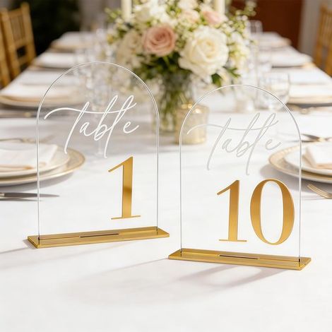 Manteles individuales curvos para mesas de boda con soporte，números del 1 al 10，10 cm × 15 cm，color dorado，muy adecuados para bodas (1/2)