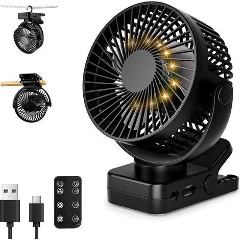 Ventilateur de table USB silencieux avec batterie de 12000 mAh, clip avec télécommande, mini ventilateur sans fil avec lumière et minuterie, rotatif à 360°, 3 niveaux de vent, autonomie (1/5)
