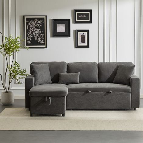 Sofá cama rinconero 214x131x87 cm gris oscuro en tejido Oxford con USB, almacenaje y chaise longue reversible (1/5)