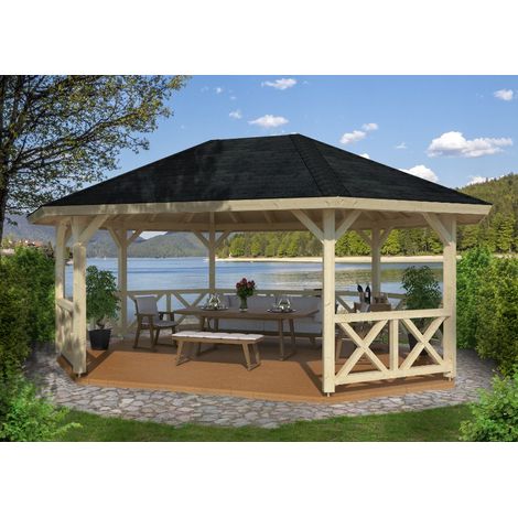 Abri de jardin en épicéa massif 25m² – Structure ouverte avec rambardes croisillonnées – Toiture en voliges bois 19mm – Montage en kit – Palmako (1/3)