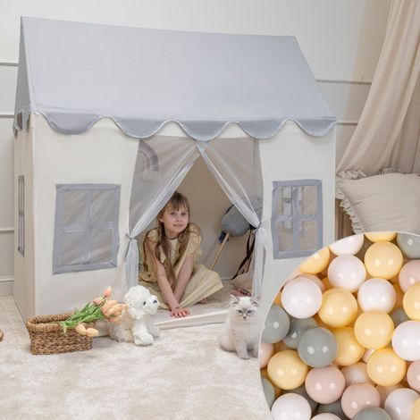Tenda per bambini KiddyMoon con 400 palline. Tenda pieghevole per bambini. Materiale resistente. La tenda per bambini stimola la creatività. Perfetta per interni ed esterni, bianca e grigia: beige pas (1/4)