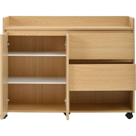 Scarpiera mobile con ruote frenate, ripiani regolabili, cassetti, MDF naturale (1/5)