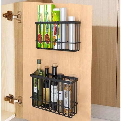 Lot de 2 botes de rangement adhésives pour portes d'armoires de cuisine, pour rangement mural, pour armoire, salle de bain, réfrigérateur, pour divers articles (noir) (1/4)