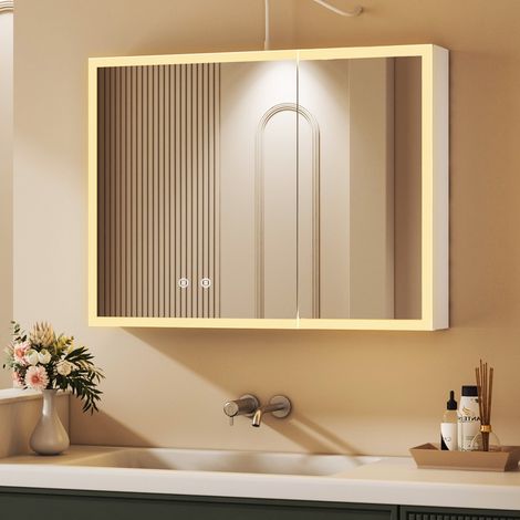 80 x 60 cm Weiß Spiegelschrank Bad mit Beleuchtung Spiegelschrank mit Beleuchtung Badezimmerschrank mit Spiegel Hängeschränke Medizin Kabinett mit 3 Einstellbare Lichtfarben, Beschlagfrei (1/5)