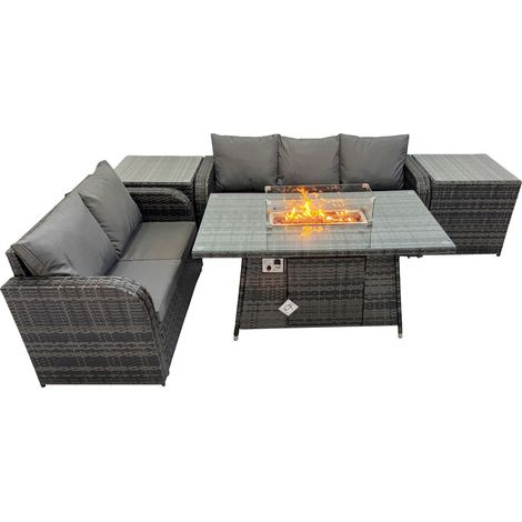 Fimous Garden Outdoor Rattan Furniture Set Rattan Love Sofa 3 Seater Sofa with 2 Side Tables Dark Grey Mixed (1/5)