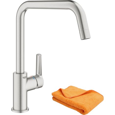 Grifo de cocina de caño alto GROHE Start – SuperSteel con paño de microfibra (1/4)