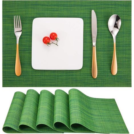 Juego de 6 manteles individuales, lavables, resistentes al calor, antideslizantes, de vinilo PVC tejido para mesa de cocina y comedor, 30x45cm (Verde 2) (1/5)
