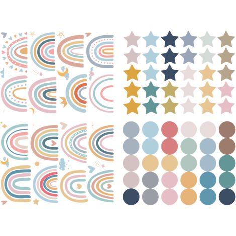 Pegatinas de pared removibles con diseño de arcoíris y estrellas para habitaciones infantiles (4 láminas)