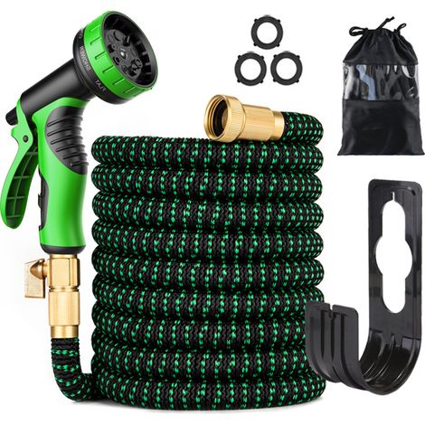15 m Gartenschlauch, erweiterbarer Gartenschlauch mit 1/2 Zoll und 3/4 Zoll (19 mm und 13 mm) Adaptern, langlebiges dreilagiges Latex mit Metallbeschlägen und Tasche, grün