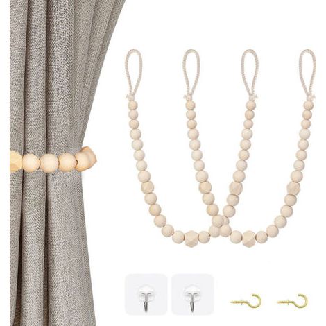 Lot de 2 embrasses de rideaux en perles de bois pour rideaux fins ou épais,pas besoin de percers pour chambre à coucher, chambre d'enfant, décoration de ferme (1/4)