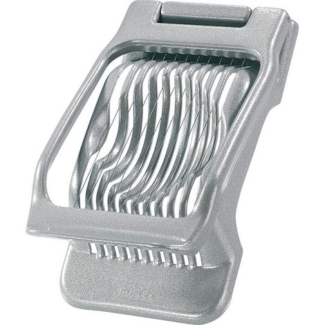 Affetta uova, in grado di tagliare fette rotonde o ovali, con lame in acciaio inox a tensione indipendente, realizzata in acciaio duplex alluminio/acciaio inox, di colore grigio. (1/5)