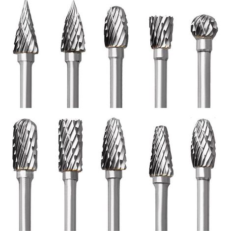 Jeu de Fraises en Carbure de Tungstène pour Dremel, 10 Pièces Fraises Rotatives à Double Coupe avec Tige de 1/8" pour Sculpture sur bois, Gravure, Perçage, Polissage, Travail du métal (1/5)