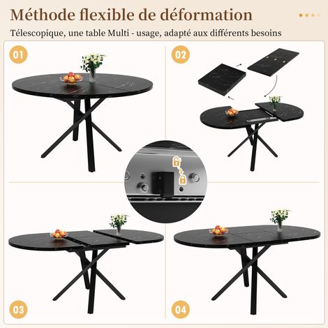 Table ronde extensible aspect marbre - 100 cm (extensible à 140 cm) x 75,5 cm de haut - Avec pied métallique en X robuste en Noir - Idéal comme table de cuisine ou table de petit-déjeuner (1/5)