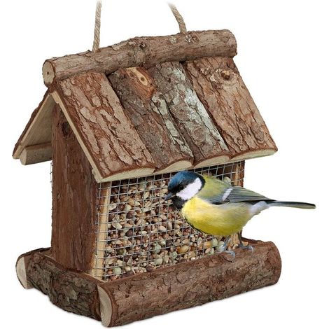 Relaxdays Mangeoire pour oiseaux en bois, à suspendre, HLP 17 x 15 x 12 cm, à silo, distributeur de nourriture, nature (1/5)