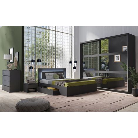 Schlafzimmer-Set NOFI - Bett 160x200 cm mit Lattenrost, 2 Schubladen, Nachttische, Kleiderschrank und Kommode - graphitgrau