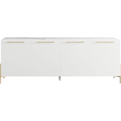Buffet 4 portes laqué blanc plateau marbré pieds et poignées métal doré - CARAT