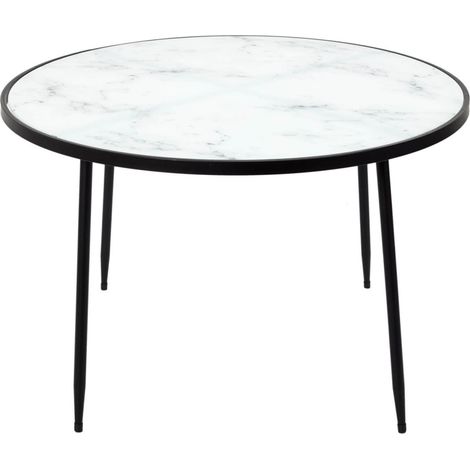 Altobuy – Table basse fixe Ø75cm en verre trempé imitation marbre – Structure métallique noire – Élégante et facile à nettoyer – H48cm (1/5)