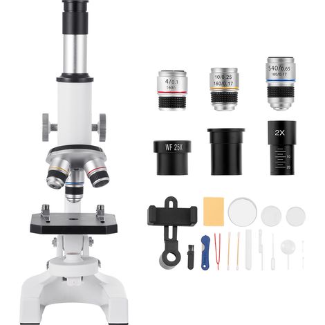 Mophorn Microscopio Monoculare, Kit Microscopio Composto con Ingrandimento e Messa a Fuoco 15mm, Struttura in Lega di Alluminio, Illuminazione LED e Supporto per Smartphone, per Laboratori e Scuole