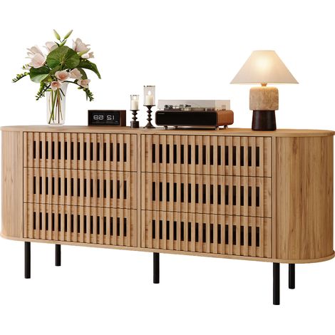 Sideboard mit 6 Schubladen, Lamellendesign, Metallbeinen, für Wohnzimmer oder Flur, MDF, Natur, 160 x 40 x 70 cm (1/5)