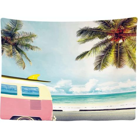 Tapisserie Murale Chambre Bus Palmier Soleil Mer Van Life Peint Décoration Panoramique 200 x 150 cm Tissu Papier (1/4)