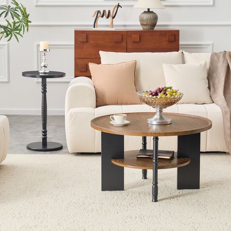 Lot de 2 tables basses rondes, panneau de fibres de bois avec procédé de pressage sous vide PVC, table basse de 80 cm avec espace de rangement et table d'appoint de 38 cm, emballage individuel, idéal (1/5)