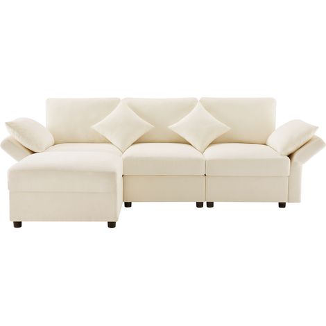 Sofá esquinero en L con otomana, chenilla, 4 cojines, reposabrazos ajustables, beige, MODENUIT (1/5)