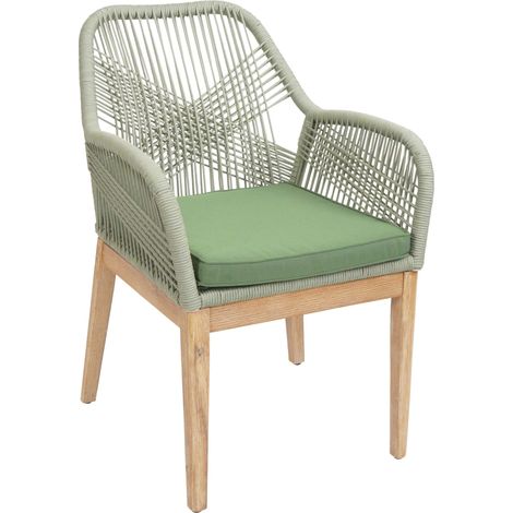 [NEUWERTIG] Gartenstuhl HHG-678b, Sessel Outdoor Stuhl, wetterfest Seilgeflecht Rope Holz Akazie grün Kissen grün
