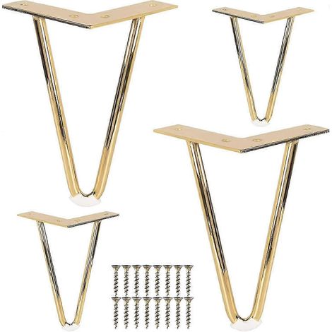 Quatre pieds de meuble en fer plaqué or de 10 cm, de style épingle à cheveux, avec vis (1/5)
