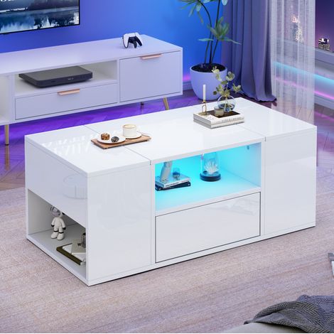 Couchtisch 100 x 50 x 40 cm Weiß mit LED, 1 Schublade und Stauraum, Spanplatten MEUBLIV (1/5)