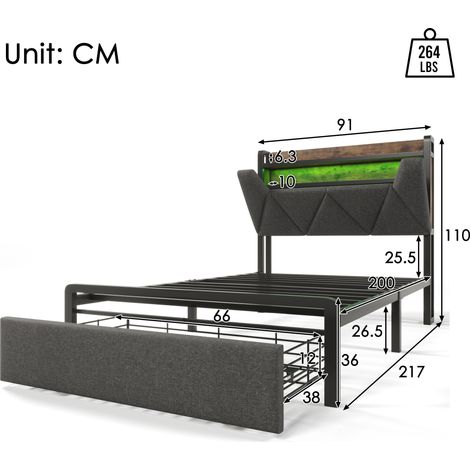 Lit simple 90x200 cm gris avec chargeur USB-C, tête de lit avec espaces de rangement, éclairage LED, tiroirs et sommier métallique à lattes, sans matelas (1/4)