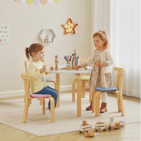 Ensemble table et 4 chaises enfant multicolore – bois, 5 pièces, rond (1/5)