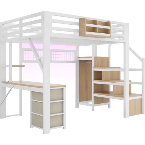 Letto a soppalco in metallo 140 x 200 cm con scrivania, 3 cassetti, armadio e LED, bianco (1/5)