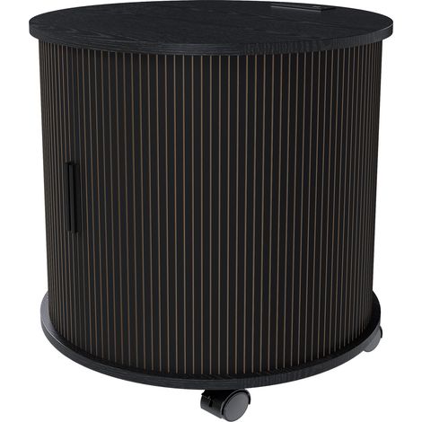 Table de chevet cylindrique style Mid-Century avec station de charge (prise + 2 USB) et porte coulissante, noir, 60x60x60 cm (1/5)