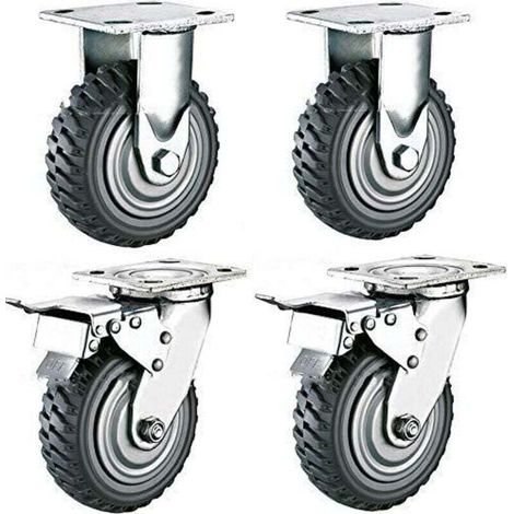 Lot de 4 roulettes pivotantes pour charges lourdes - 150 mm - Avec frein rotatif à 360 ° - En caoutchouc plein - Pneumatiques - Charge 900 kg - (2 roulettes fixes + 2 roulettes de freinage) (1/5)