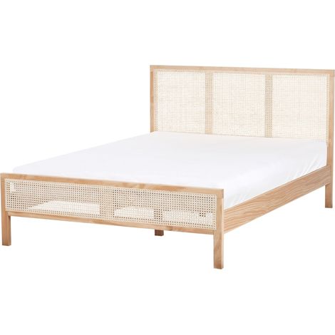 Letto matrimoniale moderno 140 x 200 cm a doghe con testiera a treccia viennese in legno di pino marrone chiaro Salernas