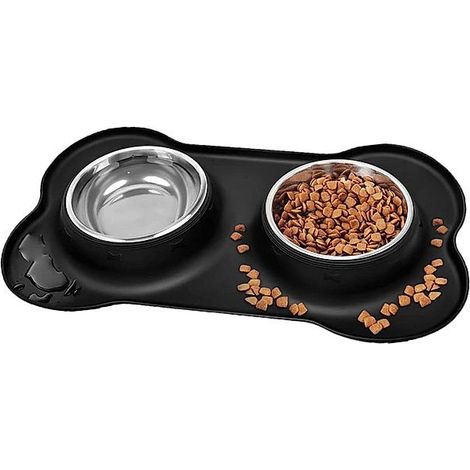 Double gamelle inox avec tapis silicone anti-débordement, 2 x 400 ml, taille M, noire (1/4)