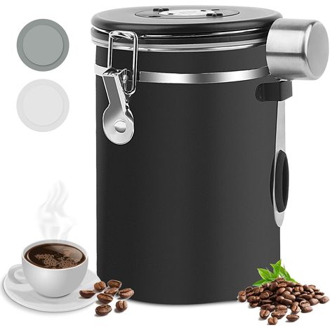 Boîte à Café Hermétique en acier Inoxydable,Acier Inox 1800 ml Capacité,Récipient avec Cadran de Date et Cuillère Doseuse pour café en grains,thé,noix, Conserver l'arôme et Fraîcheur (1/5)