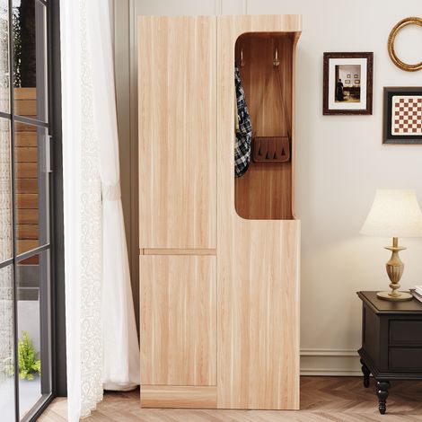 Armoire rangement 70x40x170 cm, meuble avec tiroirs et étagères, penderie sans porte, 1 porte, finition bois naturel (1/5)
