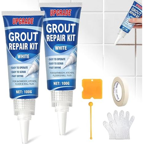 Tile Grout Repair Kit, 2 Pack (200g) White Tile Grout with 5 Piece Tool Kit, Quick Dry Waterproof Grout Pen for Floors and Walls (1/5)
