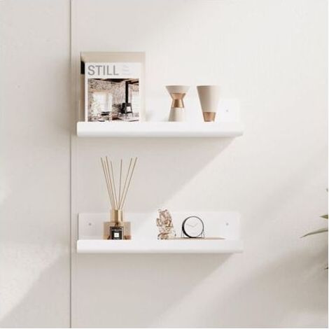 Etagère murale blanche, sans perçage, lot de 2, étagères murales, étagère flottante à coller pour salle de bain, bureau, salon (1/3)