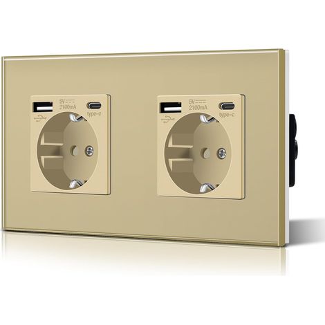 Double prise murale Schuko en verre, type USB-C, 3-en-1, encastrable, 2 voies, puissance de charge de 2,1 A et adaptateur de type C, prise d’extension de 157 mm (doré) (1/5)